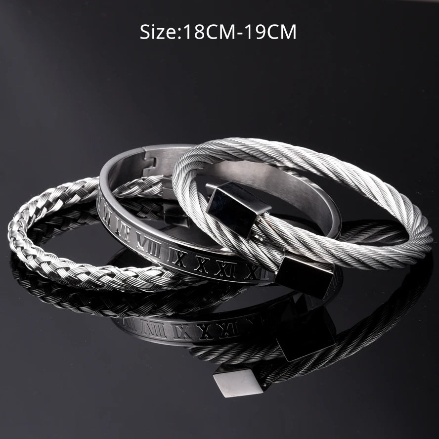 Luxury 3pcs/Set Stainless Steel Bracelet Hip Hop Men Jewelry Roman Number Charm Gold Color Jewelry For Men Pulseira Bileklik
