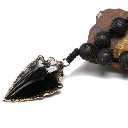 Natural Lava Beads Necklace Obsidian Arrow Pendant Vintage Necklaces Women Men Jewelry Yoga Mala Meditation