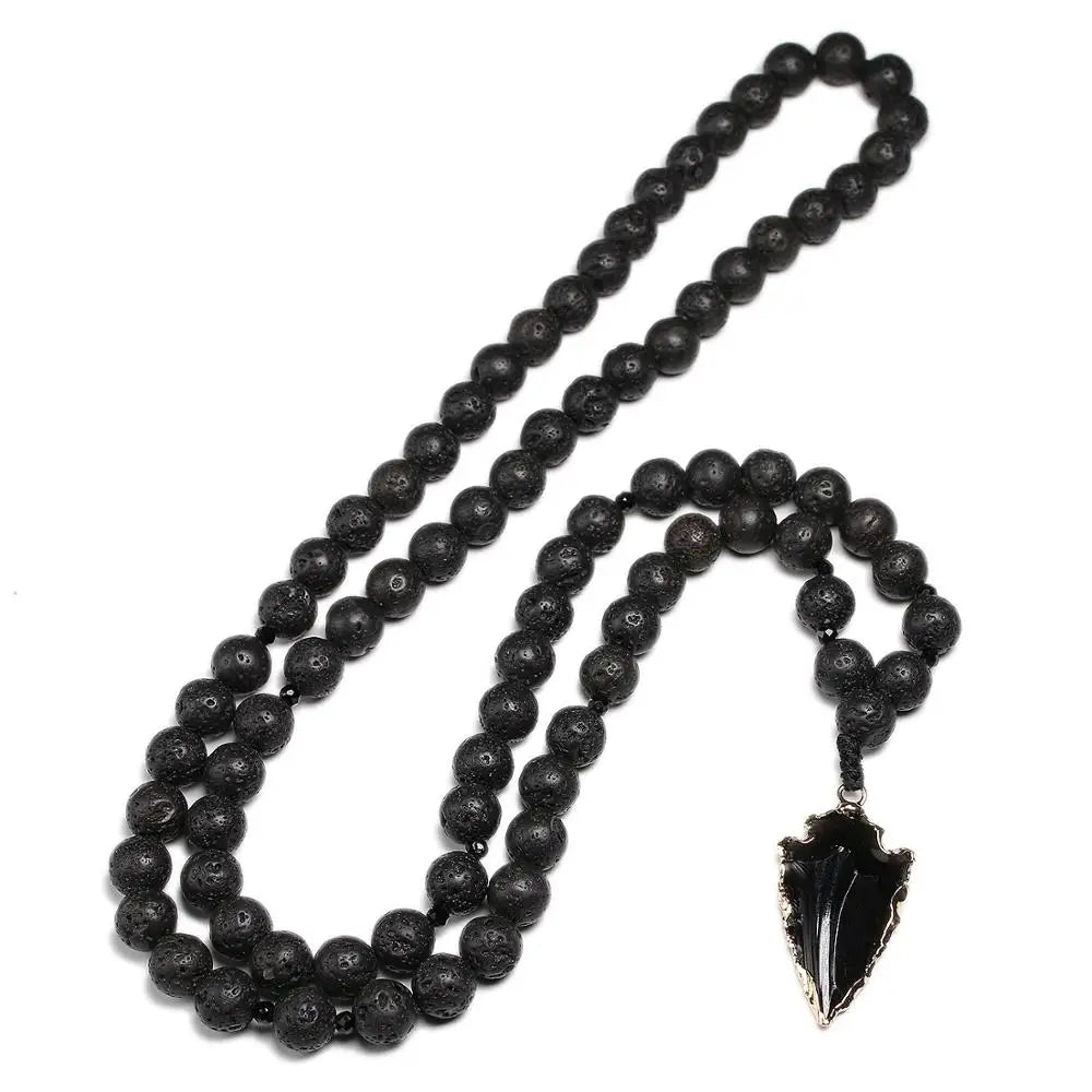 Natural Lava Beads Necklace Obsidian Arrow Pendant Vintage Necklaces Women Men Jewelry Yoga Mala Meditation