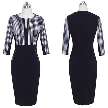 Nice-forever Office Women Zipper fashion Patchwork V neck vestidos Wear to Work Formal bodycon Business Dress 837