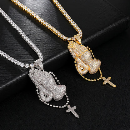 Hip Hop Bling Cubic Zirconia Iced Out Praying Hands Cross Necklaces & Pendants For Men Jewelry With Tennis Chain