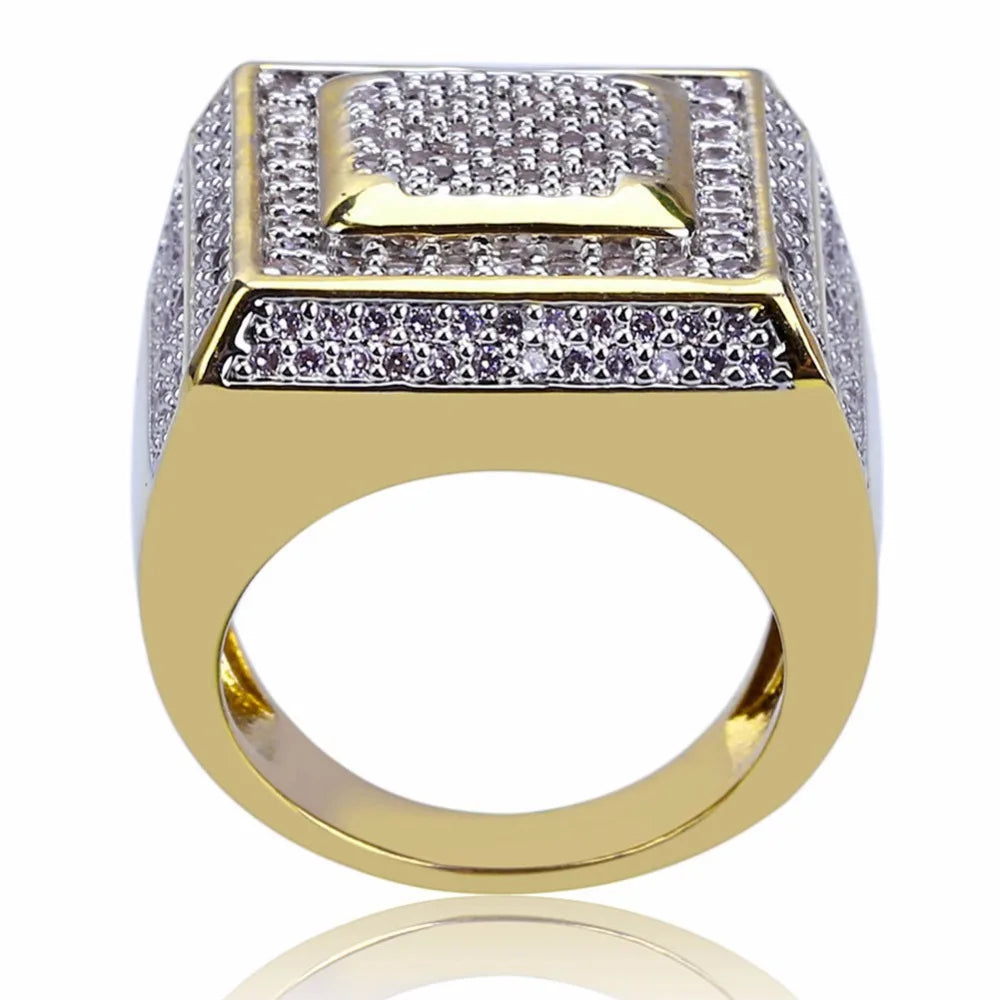 Luxury AAA Cubic Zirconia Pave Bling Ice Out Hip Hop Ring Male Gold Color Copper Material CZ Stone Square Rings for Men Jewelry