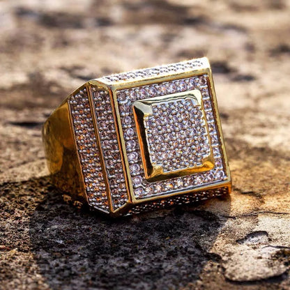 Luxury AAA Cubic Zirconia Pave Bling Ice Out Hip Hop Ring Male Gold Color Copper Material CZ Stone Square Rings for Men Jewelry