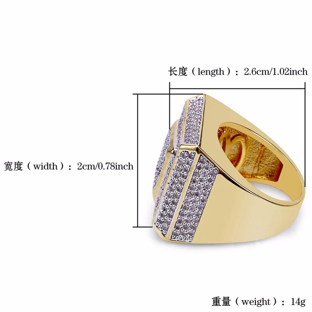 Luxury AAA Cubic Zirconia Pave Bling Ice Out Hip Hop Ring Male Gold Color Copper Material CZ Stone Square Rings for Men Jewelry