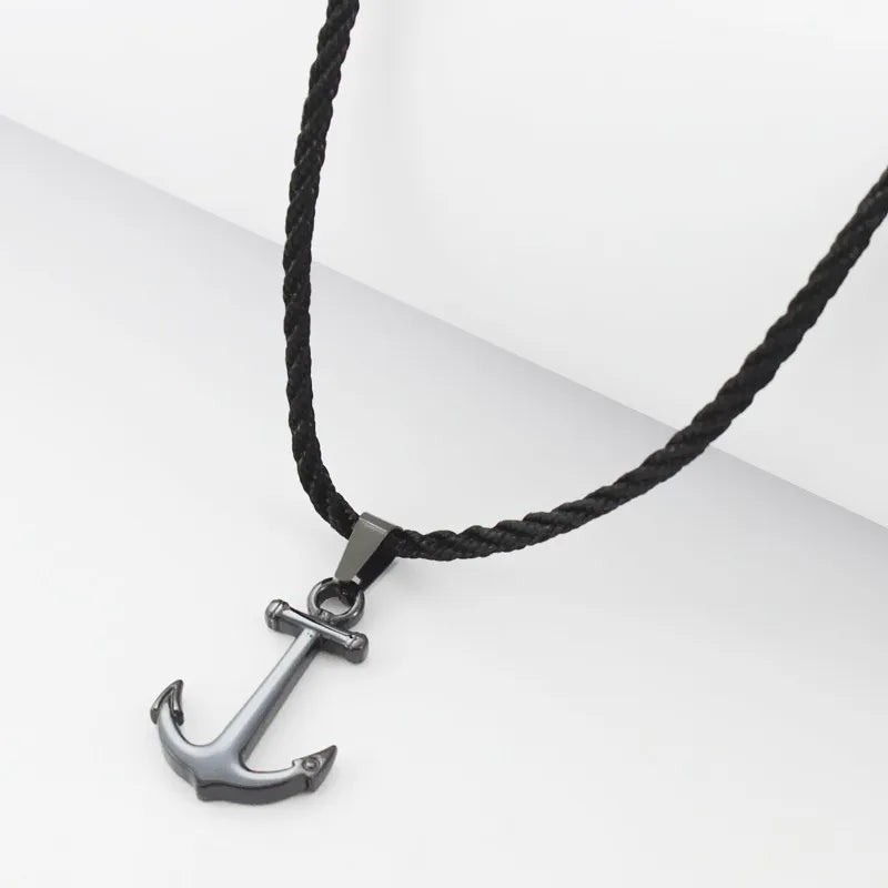 Runda 2021 Fashion IP Black Stainless Steel Sailor Anchor Pendant Nylon Rope Necklace for Men Jewelry with Nylon Rope