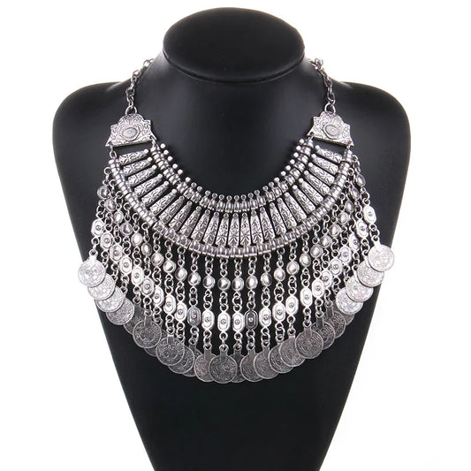 New Vintage American Silver Color Vintage Round Zinc Coin Tassels Choker statement necklaces & Pendants Collar women Jewelry