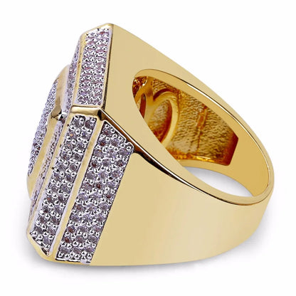 Luxury AAA Cubic Zirconia Pave Bling Ice Out Hip Hop Ring Male Gold Color Copper Material CZ Stone Square Rings for Men Jewelry