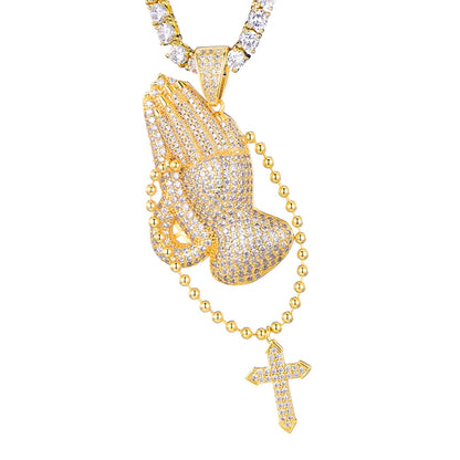 Hip Hop Bling Cubic Zirconia Iced Out Praying Hands Cross Necklaces & Pendants For Men Jewelry With Tennis Chain