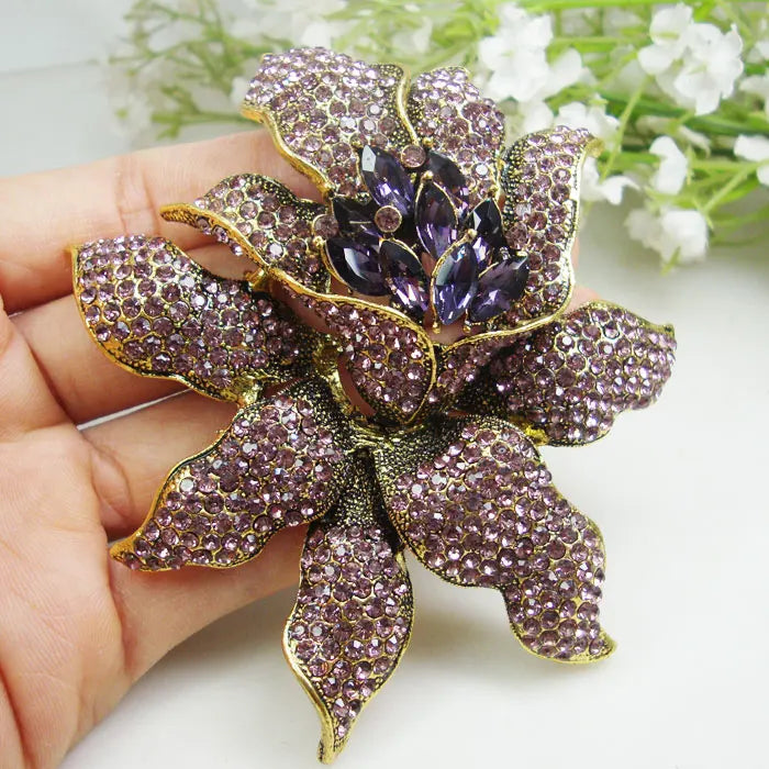 Vintage Style Brooch Purple Rhinestones Crystal Orchid Flower Brooch Pin Fashion Woman Flower Brooches Free Shipping