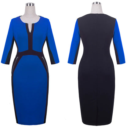 Nice-forever Office Women Zipper fashion Patchwork V neck vestidos Wear to Work Formal bodycon Business Dress 837