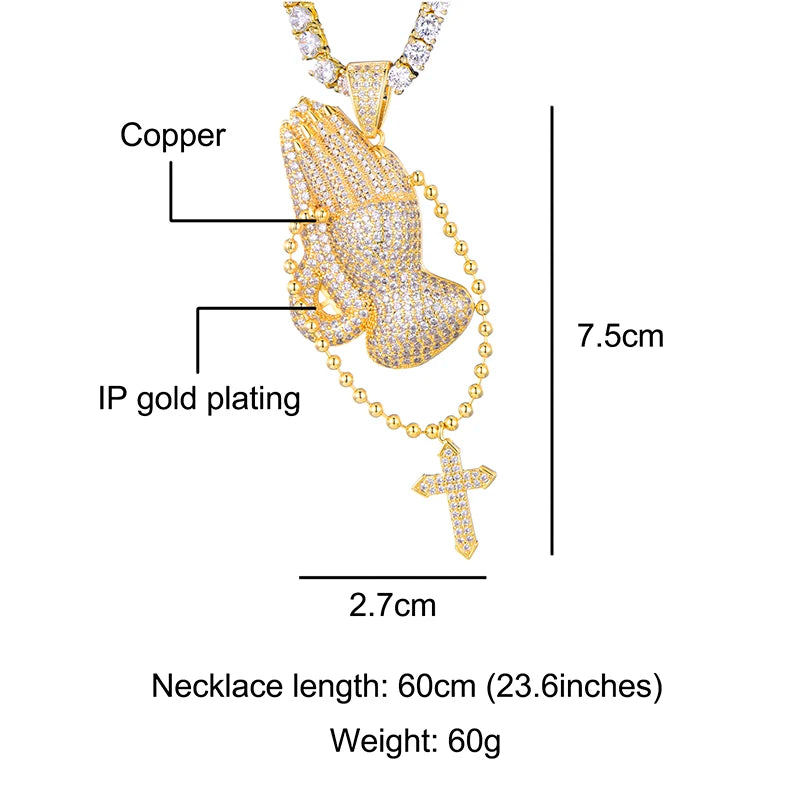 Hip Hop Bling Cubic Zirconia Iced Out Praying Hands Cross Necklaces & Pendants For Men Jewelry With Tennis Chain