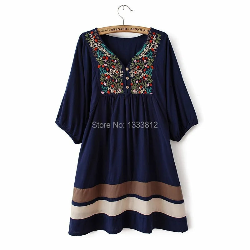 2023 Women Summer Embroidered Ethnic style stitching loose half sleeve female Cotton Long Blouse Blusas Femme