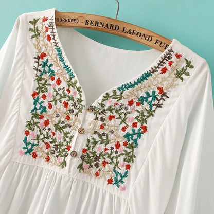 2023 Women Summer Embroidered Ethnic style stitching loose half sleeve female Cotton Long Blouse Blusas Femme