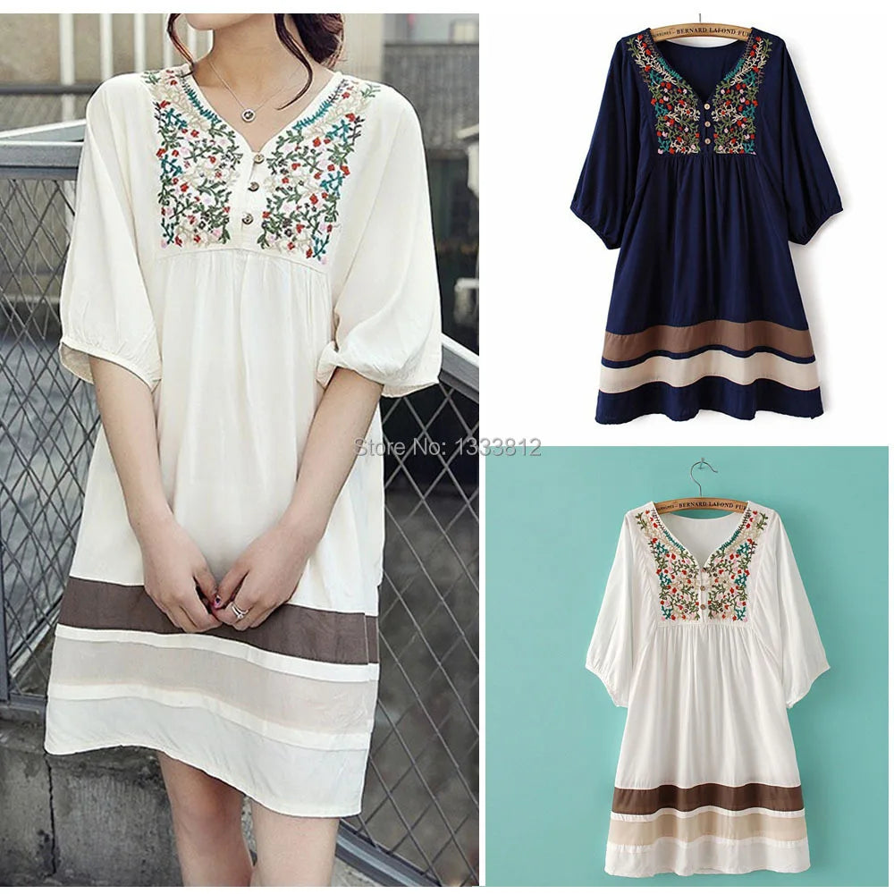 2023 Women Summer Embroidered Ethnic style stitching loose half sleeve female Cotton Long Blouse Blusas Femme