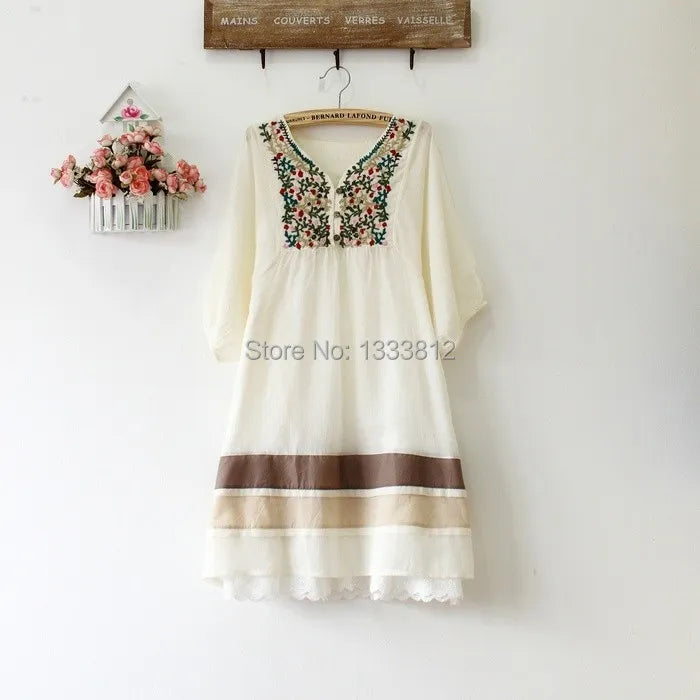 2023 Women Summer Embroidered Ethnic style stitching loose half sleeve female Cotton Long Blouse Blusas Femme